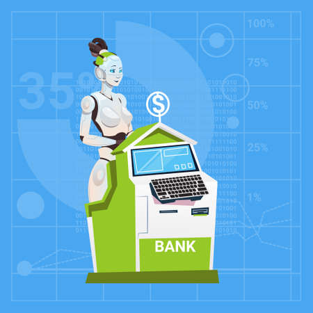 Modern Robot Female Working In Bank Banker Futuristic Artificial Intelligence Technology Concept Flat Vector Illustrationのイラスト素材
