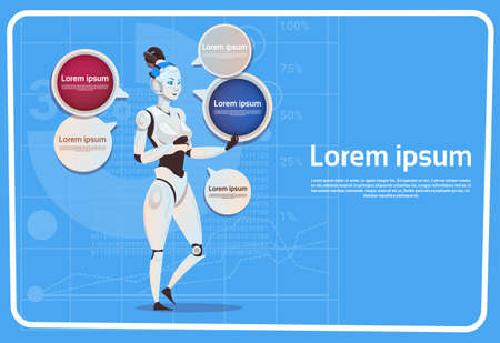 Modern Robot Female With Chat Bubble Futuristic Artificial Intelligence Technology Communication Concept Flat Vector Illustrationのイラスト素材