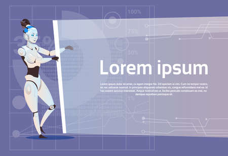 Modern Robot Female Hold Empty Banner Futuristic Artificial Intelligence Technology Concept Flat Vector Illustrationのイラスト素材