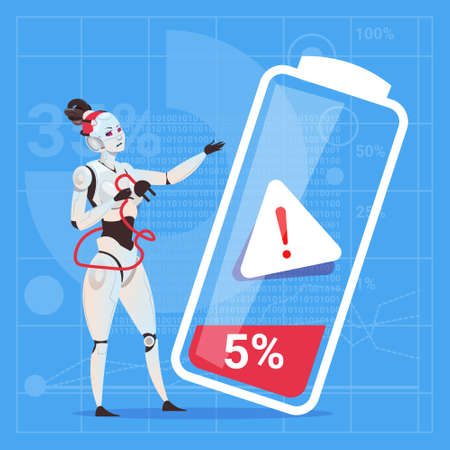 Modern Robot Female Tired With Low Battery Charge Futuristic Artificial Intelligence Technology Concept Flat Vector Illustrationのイラスト素材