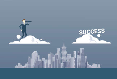 Business Man With Binoculars Looking At Successful Future Career On Cloud Concept Flat Vector Illustrationのイラスト素材