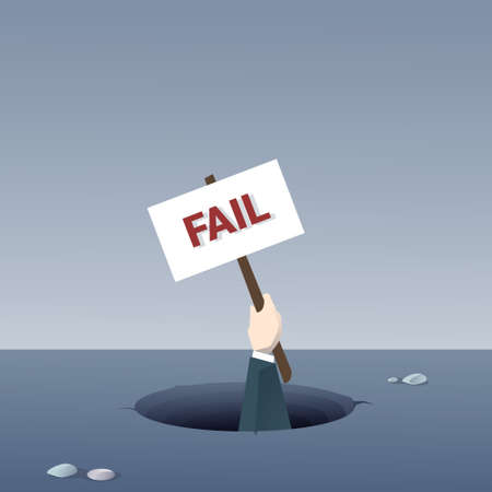 Business Hand Hold Placard From Hole Businessman Fail Bankruptcy Crisis Concept Flat Vector Illustrationのイラスト素材