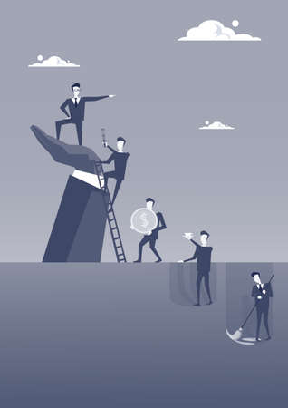 Business Man Standing On Big Businessman Hand Point Finger Leader Of Businesspeople Group Career Development Concept Flat Vector Illustrationのイラスト素材