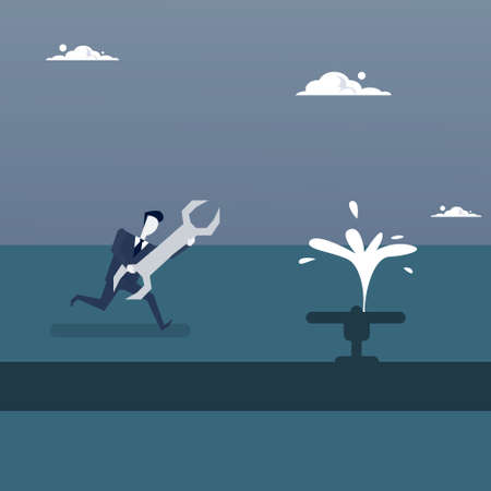 Business Man Holding Wrench To Repair Flowing Tap Puzzle Solution Strategy Concept Flat Vector Illustrationのイラスト素材