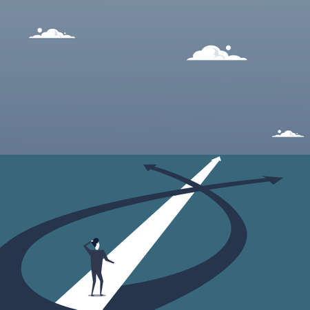 Business Man Lost Standing On Road Choose Direction Way Arrow Flat Vector Illustrationのイラスト素材