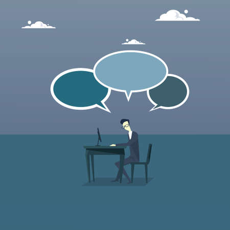 Business Man Sitting Desk Working Computer With Chat Bubble Flat Vector Illustrationのイラスト素材