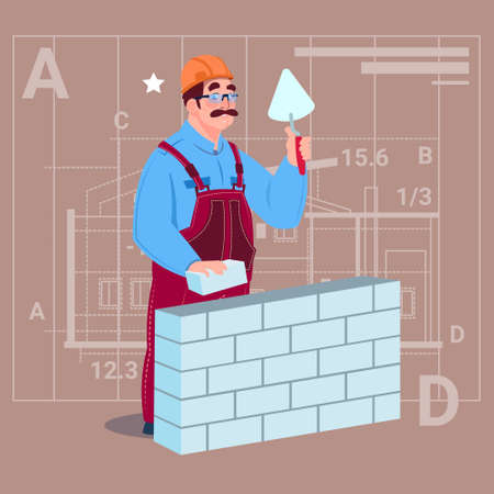 Cartoon Builder Laying Brick Wall Hold Spatula Over Abstract Plan Background Male Workman Flat Vector Illustrationのイラスト素材