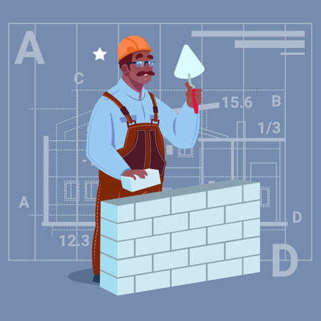Cartoon African American Builder Laying Brick Wall Hold Spatula Over Abstract Plan Background Male Workman Flat Vector Illustrationのイラスト素材