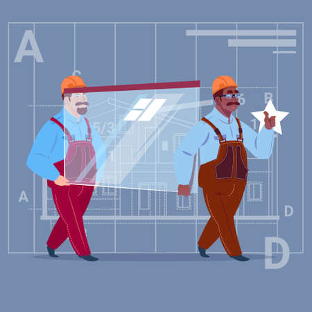 Two Cartoon Builders Carry Glass Wearing Uniform And Helmet Construction Worker Over Abstract Plan Background Male Workman Flat Vector Illustrationのイラスト素材