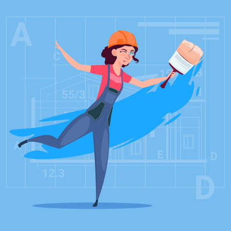 Cartoon Female Painter Hold Paint Brush Decorator Builder Wearing Uniform And Helmet Flat Vector Illustrationのイラスト素材