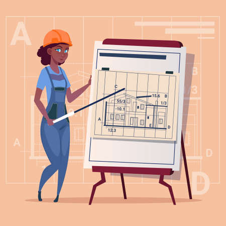 Cartoon Woman Builder Explain Plan Of Building Blueprint Wearing Uniform And Helmet Construction Worker Contractor African American Flat Vector Illustrationのイラスト素材