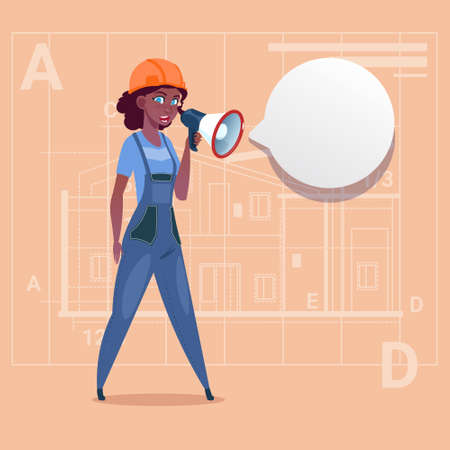 Cartoon Female Builder Holding Megaphone Making Announcement African American Construction Worker Over Abstract Plan Background Flat Vector Illustrationのイラスト素材