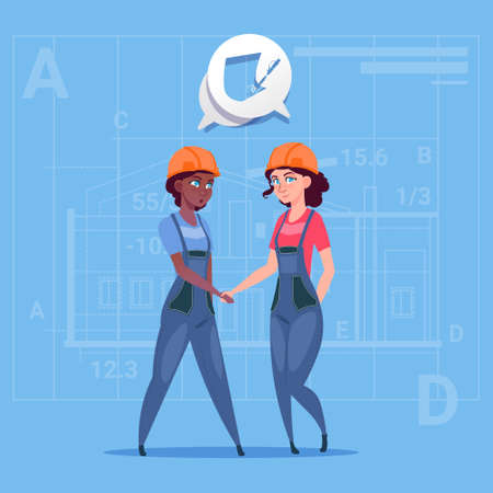 Two Mix Race Female Builders Shaking Hands Agreement Concept Cartoon Business Women Cooperation Flat Vector Illustrationのイラスト素材