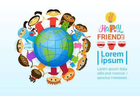 Happy Friendship Day Greeting Card Mix Race Kids Over Earth Globe Friends Multi Ethnic Holiday Banner Vector Illustrationのイラスト素材