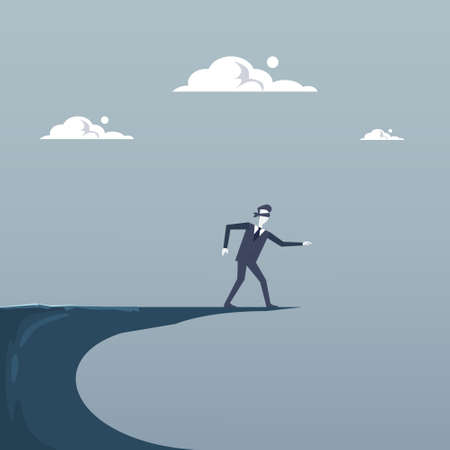 Business Man Blind Walking To Cliff Gap Crisis Risk Concept Flat Vector Illustrationのイラスト素材