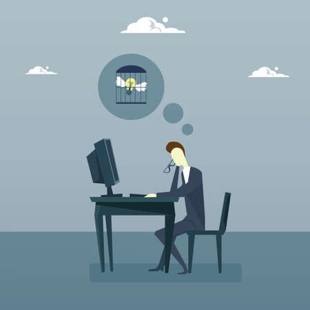 Business Man Working On Computer With Light Bulb In Cage New Idea Crisis Problem With Inspiration Concept Flat Vector Illustrationのイラスト素材