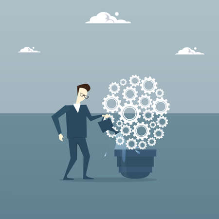 Business Man Watering Light Bulb Of Cog Wheels Brainstorming New Ideas Inspiration Concept Flat Vector Illustrationのイラスト素材