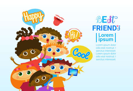 Happy Friendship Day Greeting Card Mix Race Kids Friends Multi Ethnic Holiday Banner Vector Illustrationのイラスト素材