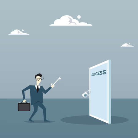Business Man Hold Key From Success Door, Successful Career Opportunity Concept Flat Vector Illustrationのイラスト素材
