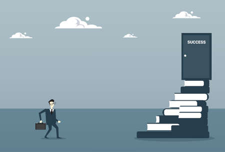 Business Man Go Up On Stairs From Book To Success Door, Successful Opportunity Concept Flat Vector Illustrationのイラスト素材