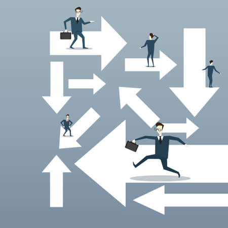 Businesspeople Running Arrows Business Direction Choosing Concept Flat Vector Illustrationのイラスト素材