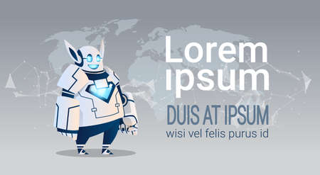 Modern Robot Over World Map Artificial Intelligence Brain Technology Flat Vector Illustrationのイラスト素材