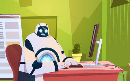 Modern Robot Working In Office Sitting At Desk Artificial Intelligence Technology Concept Flat Vector Illustrationのイラスト素材