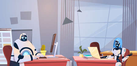 Modern Robots Working In Office Sitting At Desk Artificial Intelligence Technology Concept Flat...