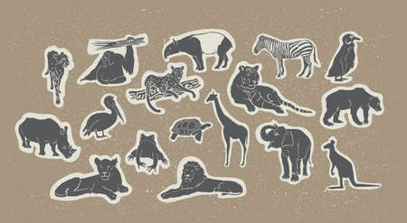 Silhouette Animals Set Wildlife Species Fauna Collection Hand Drawn Vector Illustrationのイラスト素材