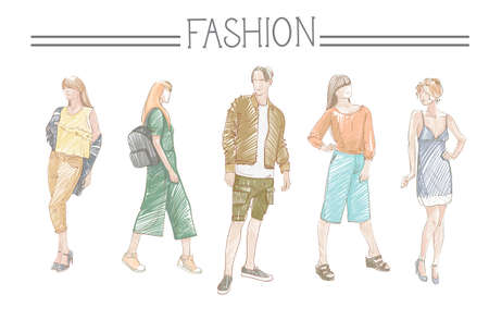Fashion Collection Of Clothes Set Of Models Wearing Trendy Clothing Sketch Vector Illustrationのイラスト素材