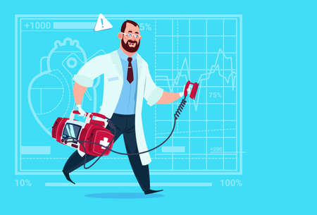 Doctor Running With Defibrillator Medical Clinics Worker Reanimation Hospital Flat Vector Illustrationのイラスト素材