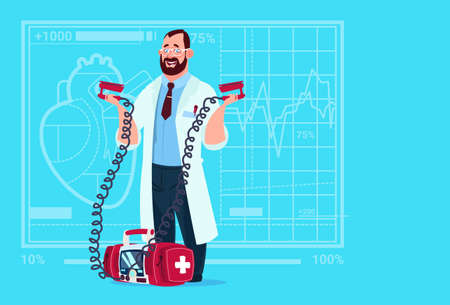 Doctor Hold Defibrillator Medical Clinics Worker Reanimation Hospital Flat Vector Illustrationのイラスト素材