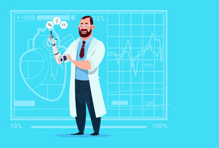 Doctor Working With Robotic Hand Artificial Limb Medical Clinics Worker Hospital Flat Vector...