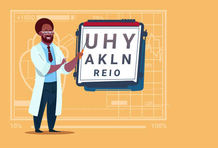 African American Doctor Ophthalmologist With Vision Test Medical Oculist Clinics Worker Hospital Flat Vector Illustrationのイラスト素材