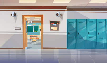 Empty School Corridor With Lockers Hall Open Door To Class Room Flat Vector Illustrationのイラスト素材