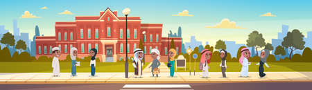 Group Of Arab Pupils Stand In Front Of School Building Primary Muslim Schoolchildren Talking Students Flat Vector Illustrationのイラスト素材