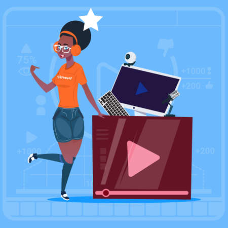 African American Girl Over Vlogger Channel Screen Modern Video Blogger Vlog Creator Flat Vector Illustrationのイラスト素材