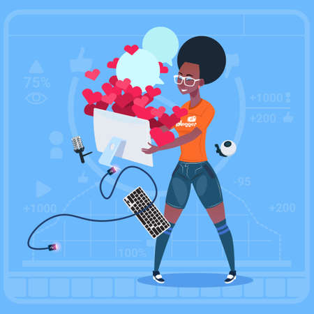 African American Girl Blogger Hold Cell Smart Phone With Many Likes Modern Video Blogs Creator Popular Vlog Channel Flat Vector Illustrationのイラスト素材