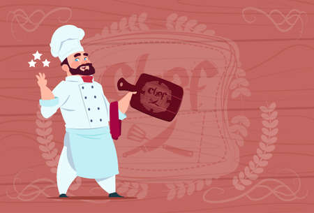 Chef Cook Hold Board Smiling Cartoon Restaurant Chief In White Uniform Over Wooden Textured Background Flat Vector Illustrationのイラスト素材
