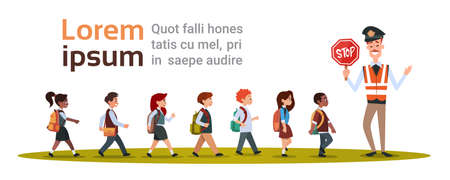 Policeman Guard Stop Group Of School Children Flat Vector Illustrationのイラスト素材