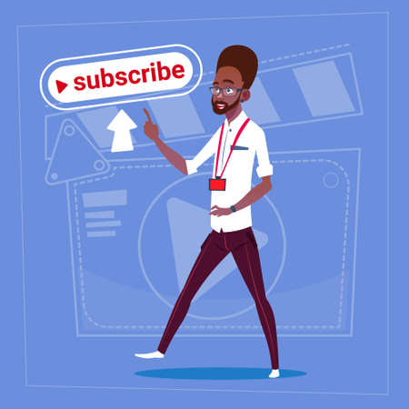 African American Man Subscribe Modern Video Blogger Vlog Creator Channel Like Flat Vector Illustrationのイラスト素材