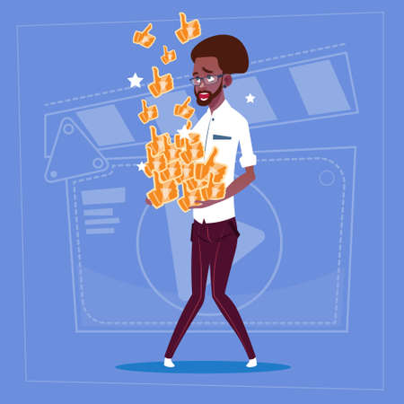African American Man Hold Thumb Up Modern Video Blogger Vlog Creator Channel Like Flat Vector Illustrationのイラスト素材