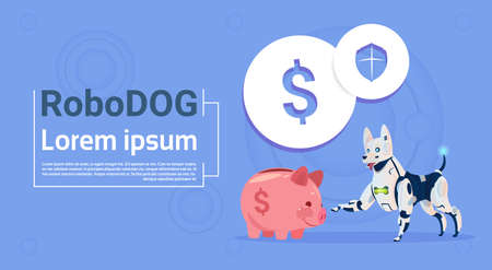 Robotic Dog Sit With Piggy Bank Online Banking Concept Animal Modern Robot Pet Artificial Intelligence Technology Flat Vector Illustrationのイラスト素材