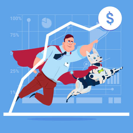 Successful Business Man In Red Cape With Robot Dog Over Finance Graph Up Flat Vector Illustrationのイラスト素材