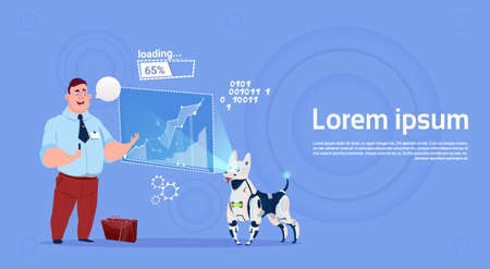 Business Man Leading Presentation On Digital Screen With Robot Dog Projector Flat Vector Illustrationのイラスト素材