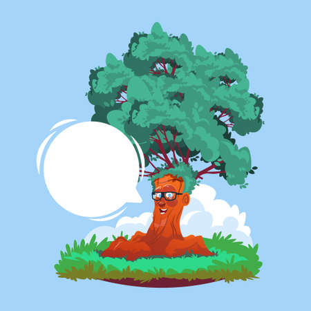 Cartoon Smiling Tree Wearing Glasses With Chat Bubble Flat Vector Illustrationのイラスト素材
