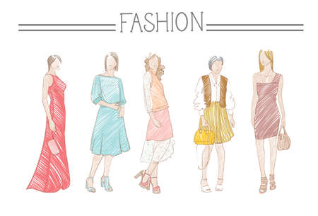 Fashion Collection Of Clothes Set Of Male And Female Models Wearing Trendy Clothing Sketch Vector Illustrationのイラスト素材