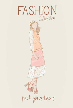 Fashion Collection Of Clothes Female Model Wearing Trendy Clothing Sketch Vector Illustrationのイラスト素材
