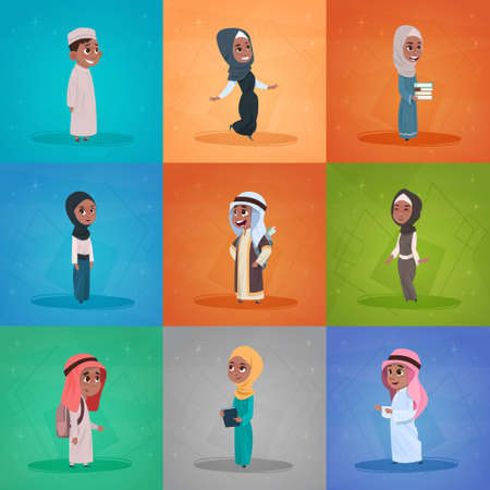 Arab Children Girls And Boys Set Small Cartoon Pupils Collection Muslim Students Flat Vector Illustrationのイラスト素材