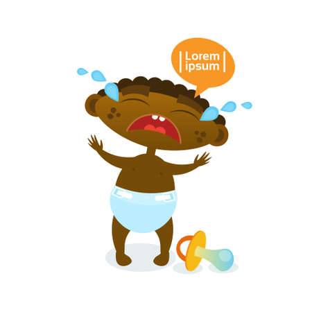 Cute Baby Boy African American Cry Toddler Cartoon Infant In Diaper Flat Vector Illustrationのイラスト素材